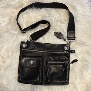 Unisex Roots Black Leather Crossbody Bag with Silver Accents
